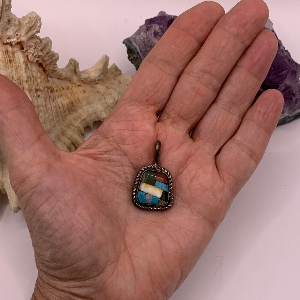 Alvin Toadacheene Navajo Gemstone Inlay Sterling Silver Pendant Vintage J863 - Picture 3 of 4